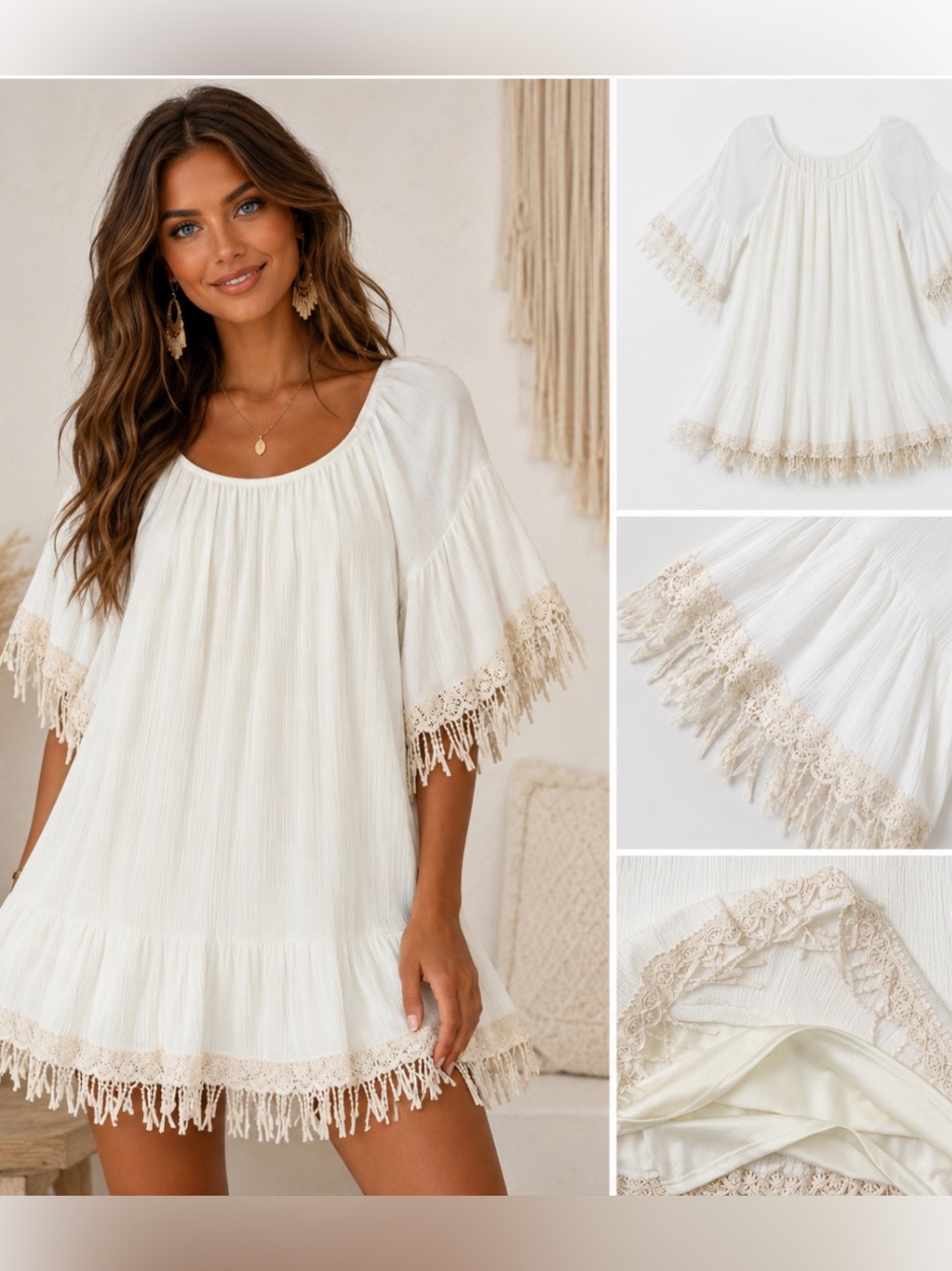 Creme Tassel Trim Dress lined boho princess